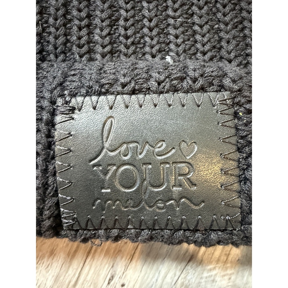 Love Your Melon Black Cuffed Beanie Black Leather Patch Chunky Knit One Size